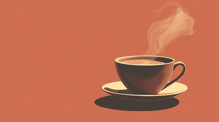 Obraz premium A steaming cup of coffee on a saucer against an orange background.