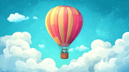 Naklejka premium A hot air balloon floats through the clouds in a blue sky.