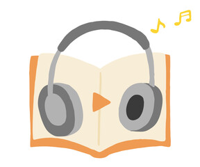 Audiobook, open book and headphones, cute hand drawn illustration, icon / オーディオブック、開いた本とヘッドフォン、かわいい手描きのイラスト、アイコン