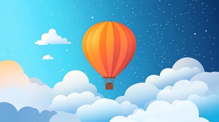 A hot air balloon flying through the clouds with a starry night sky.