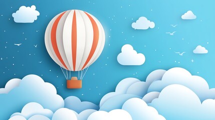 Fototapeta premium Paper art style illustration of a hot air balloon floating over clouds.