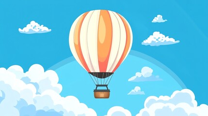 Fototapeta premium A colorful hot air balloon floats in a blue sky with white clouds.