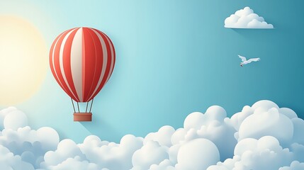 Fototapeta premium Red and white hot air balloon flying over white fluffy clouds.