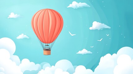 Obraz premium A hot air balloon floats in a bright blue sky surrounded by clouds and birds.