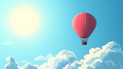 Fototapeta premium A single hot air balloon floats above white clouds in a bright blue sky.