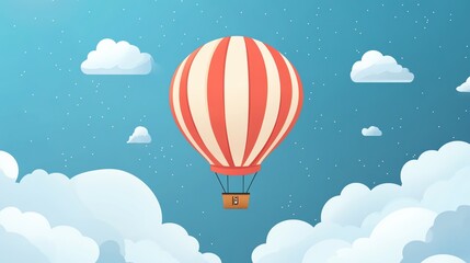 Fototapeta premium A hot air balloon drifts peacefully above fluffy white clouds in a bright blue sky.