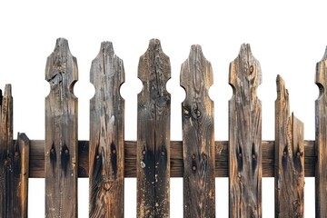 Obraz premium A close-up view of a wooden fence with vertical slats and horizontal rails on a white background