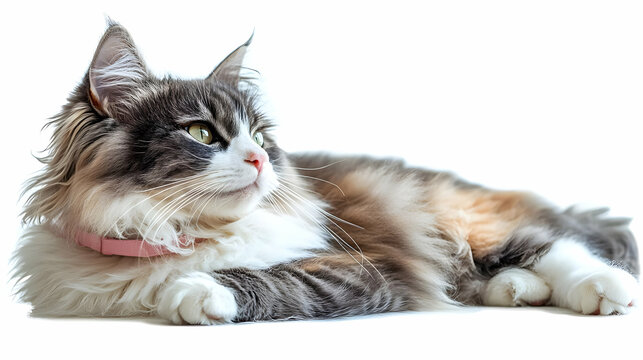 Fluffy Grey Tabby Cat with Pink Collar Lying Down
