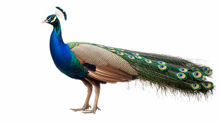 Fototapeta premium Peacock with Spread Tail Feathers Isolated on White Background