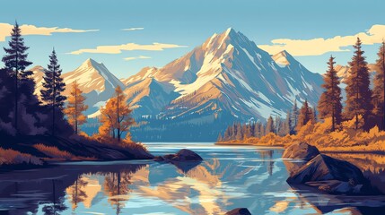 Mountain lake with snow capped peaks and lush autumn forest.