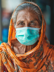 Ältere Frau mit medizinischer Maske: COVID 19 Schutz. Coronavirus-Prävention, Gesundheitsfürsorge. Diverse Porträtaufnahme, Lebensstil. Sicherheit, Pandemie