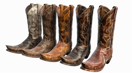 Row of cowboy boots on a white background, perfect for country-themed designs or as a decorative element