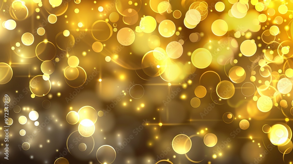Wall mural golden bokeh lights abstract background with soft blurred glow for elegant and festive designs, perf