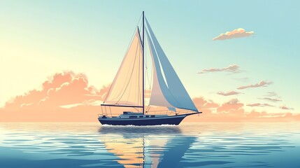 Fototapeta premium A sailboat glides across calm waters under a beautiful sunset sky.