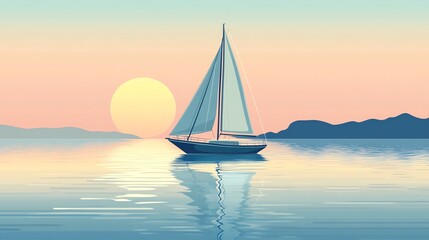 Fototapeta premium A sailboat peacefully glides across the water at sunset, with the sun setting behind a mountain range.