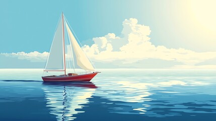 Fototapeta premium A red sailboat sails across the blue ocean on a sunny day with white clouds in the sky.