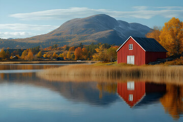 Fototapeta premium Red Barn Reflection in Autumn Lake with Mountain Background