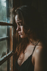 Fototapeta premium Portrait of beautiful woman crying and standing by the window