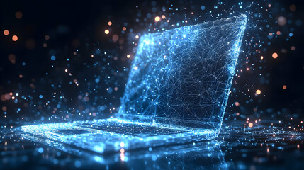 Abstract 3D Rendering of a Blue Wireframe Laptop with Glowing Lights and Bokeh Effect