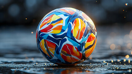 A Colorful Soccer Ball Rests on a Wet Surface with Blurry Bokeh Background
