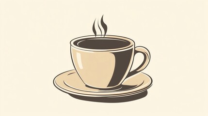 A simple illustration of a steaming cup of coffee on a saucer.