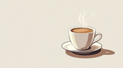 Obraz premium A steaming cup of coffee on a saucer, against a cream-colored background.