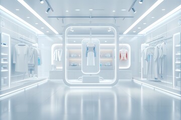 Obraz premium Augmented reality shopping, virtual fitting room, 3D illustration, future retail concept, copy space,