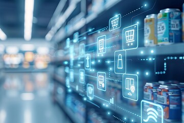 Smart shelves, IoT-enabled inventory management, 3D illustration, advanced retail concept, copy space,