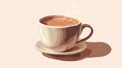 Fototapeta premium A steaming cup of coffee on a saucer with a beige background.