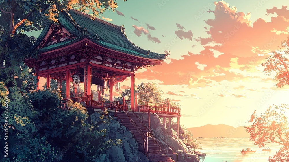 Wall mural Lofi Beautiful Japanese Japan Buddhist Temple Shinto Shrine at Sea River Architecture - Anime Manga Style Cozy Chill Relax Wallpaper Background
