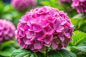 Obraz premium Close up of a pink Hydrangea Macrophylla flower with reflected detail