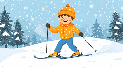 Happy Boy Skiing in Winter Wonderland