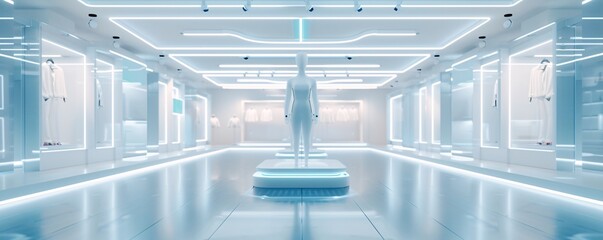 Digital storefront innovation, immersive shopping experience, 3D illustration, virtual retail concept, copy space,