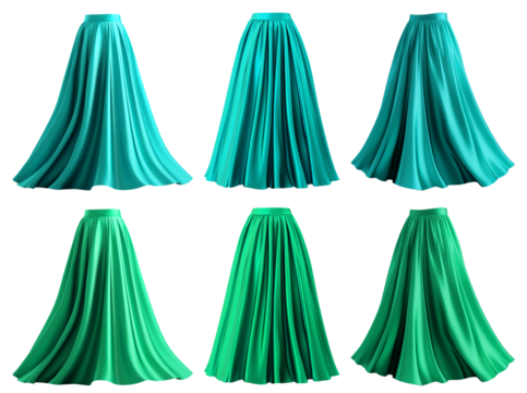 2 Set of turquoise blue green maxi long pleated flowy flare skirt, front back side twirl view on transparent cutout, PNG file. Many different angle. Mockup template for artwork graphic design