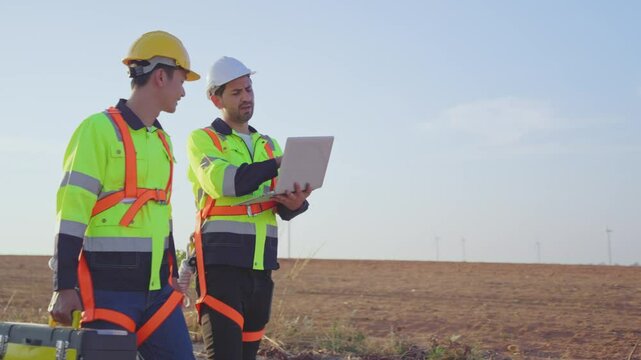 Diverse ethnicity male technicians working in the wind turbines field. 