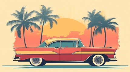 Vintage car silhouette in a retro style with palm trees and sunset.