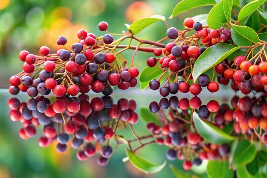 Close up of red berries of cork tree Phellodendron amurense reflected in water