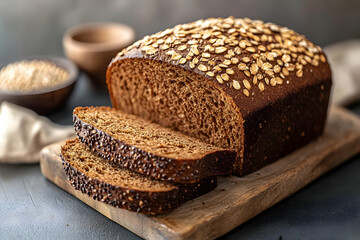 Whole Grain Rye Bread Loaf with Oats and Seeds on Wooden Cutting Board