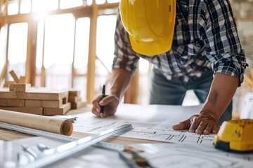 A person wearing a hard hat and work gear is seen working on a building or infrastructure project