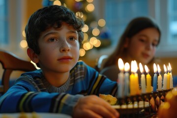 A young boy sits in front of a decorated birthday cake with lit candles, ready to celebrate his special day