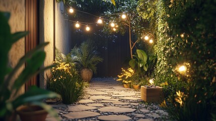 Obraz premium A serene garden pathway illuminated by string lights, surrounded by lush greenery.