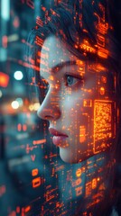 A digital portrait of a woman with data overlays.