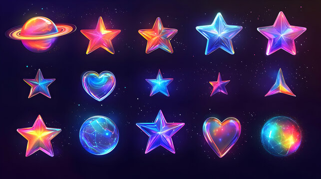 A Collection of Brightly Colored 3D Shapes, Including Stars, Hearts, and Spheres, Floating in a Deep Blue Space with Sparkle Background