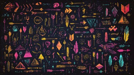 Obraz premium Colorful Neon Boho Tribal Arrows Feathers and Geometric Shapes Pattern