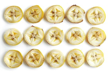 Freshly cut bananas arranged on a clean and pure white background