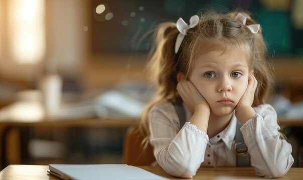 Upset Schoolgirl in Uniform at Desk with Sunlight Through Window