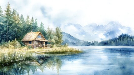 Fototapeta premium A watercolor painting of a cozy cabin by a lake in the mountains.