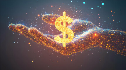 Abstract 3D Hand Holding a Golden Dollar Sign, Connected by a Network of Lines and Glowing Points, Illuminated Against a Dark Background