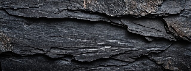 Crisp close-up image showcasing the intricate layers and fine details of a horizontal black stone texture surface.
