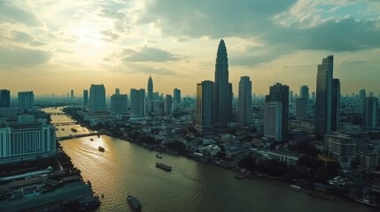 Obraz premium A breathtaking aerial perspective of Bangkok, highlighting its dynamic skyline with iconic